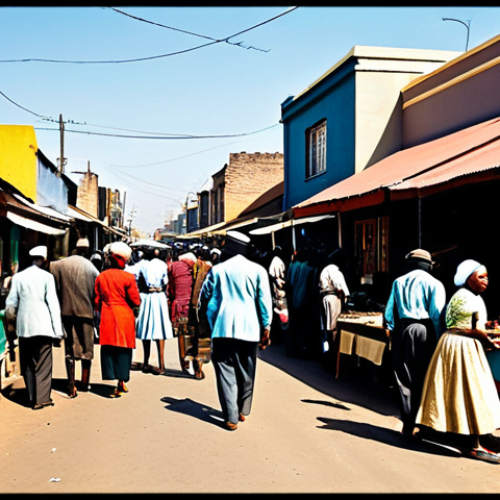 Home 24 Sophiatown Street Scene**
"A bustling street scene in Sophiatown, Johannesburg, in the 1940s, fully clothed people going about their daily lives, modest market stalls, colorful buildings, appropriate attire, safe for work, perfect anatomy, natural proportions, high-quality, warm color palette, reminiscent of Gerard Sekoto's style."
**