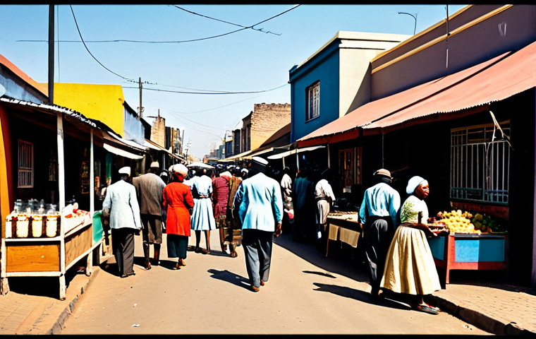 Sophiatown Street Scene**
"A bustling street scene in Sophiatown, Johannesburg, in the 1940s, fully clothed people going about their daily lives, modest market stalls, colorful buildings, appropriate attire, safe for work, perfect anatomy, natural proportions, high-quality, warm color palette, reminiscent of Gerard Sekoto's style."
**