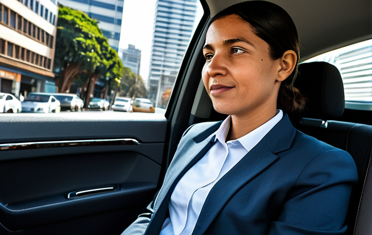 Professional Uber Ride in South Africa**
"A professional businesswoman, fully clothed in a modest business suit, sitting in the backseat of an Uber in Johannesburg, South Africa. The driver is visible in the front, focused on the road. Background shows city buildings during daylight. Safe for work, appropriate content, perfect anatomy, natural proportions, professional photography, high quality, fully clothed, modest, family-friendly."
**