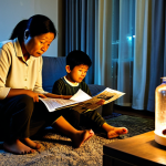 A Frustrated Family During Load Shedding**

A Malaysian family sitting in their living room during a power outage ("load shedding"). The mother is trying to cook on a gas stove with a flashlight, the father is sweating and fanning himself with a newspaper, and the children are bored and playing with their phones with low battery. The scene is lit by candlelight. Include "safe for work," "appropriate content," "fully clothed," "modest clothing," "family-friendly," "perfect anatomy," "correct proportions," "natural pose," "well-formed hands," "proper finger count," "natural body proportions," "high quality."

**