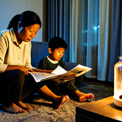 Home 22 A Frustrated Family During Load Shedding**
A Malaysian family sitting in their living room during a power outage ("load shedding"). The mother is trying to cook on a gas stove with a flashlight, the father is sweating and fanning himself with a newspaper, and the children are bored and playing with their phones with low battery. The scene is lit by candlelight. Include "safe for work," "appropriate content," "fully clothed," "modest clothing," "family-friendly," "perfect anatomy," "correct proportions," "natural pose," "well-formed hands," "proper finger count," "natural body proportions," "high quality."
**
