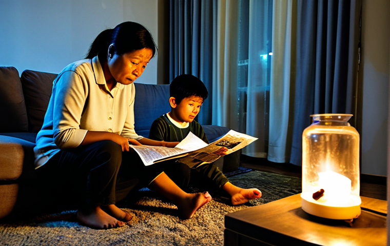 A Frustrated Family During Load Shedding**
A Malaysian family sitting in their living room during a power outage ("load shedding"). The mother is trying to cook on a gas stove with a flashlight, the father is sweating and fanning himself with a newspaper, and the children are bored and playing with their phones with low battery. The scene is lit by candlelight. Include "safe for work," "appropriate content," "fully clothed," "modest clothing," "family-friendly," "perfect anatomy," "correct proportions," "natural pose," "well-formed hands," "proper finger count," "natural body proportions," "high quality."
**