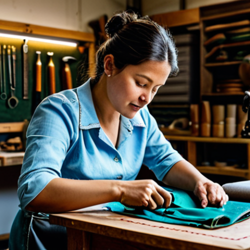 Home 9 **
A professional artisan in a brightly lit workshop, meticulously hand-stitching a luxurious leather handbag. The workshop is filled with tools and materials. She is fully clothed in appropriate attire, modest clothing. Perfect anatomy, correct proportions, natural pose. The scene evokes dedication to quality and heritage craftsmanship. safe for work, appropriate content, professional photography, high quality.
**
