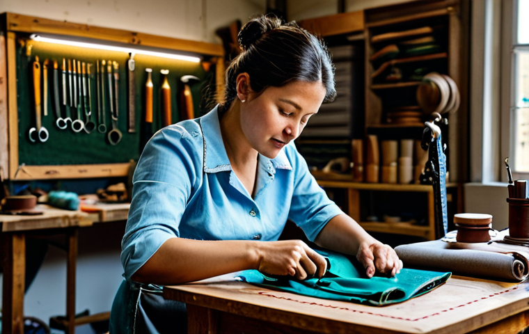 **
A professional artisan in a brightly lit workshop, meticulously hand-stitching a luxurious leather handbag. The workshop is filled with tools and materials. She is fully clothed in appropriate attire, modest clothing. Perfect anatomy, correct proportions, natural pose. The scene evokes dedication to quality and heritage craftsmanship. safe for work, appropriate content, professional photography, high quality.
**